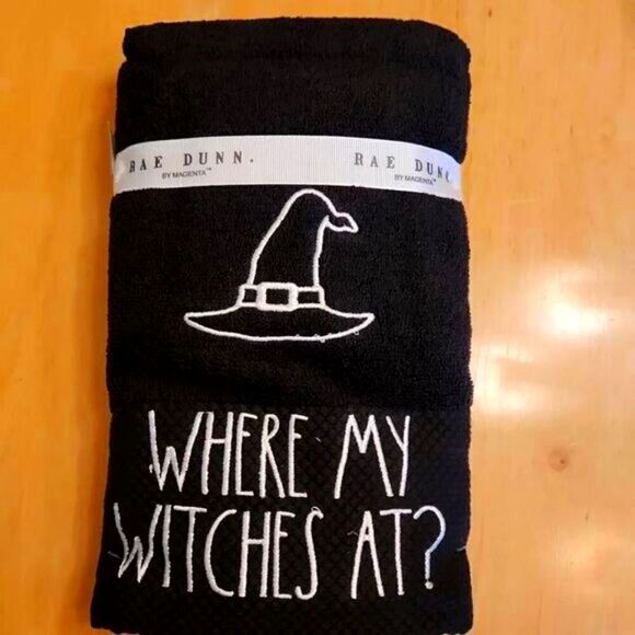 Halloween Rae Dunn WHERE'S MY WITCHES AT? black hand towels set of 2 - Picture 2 of 2